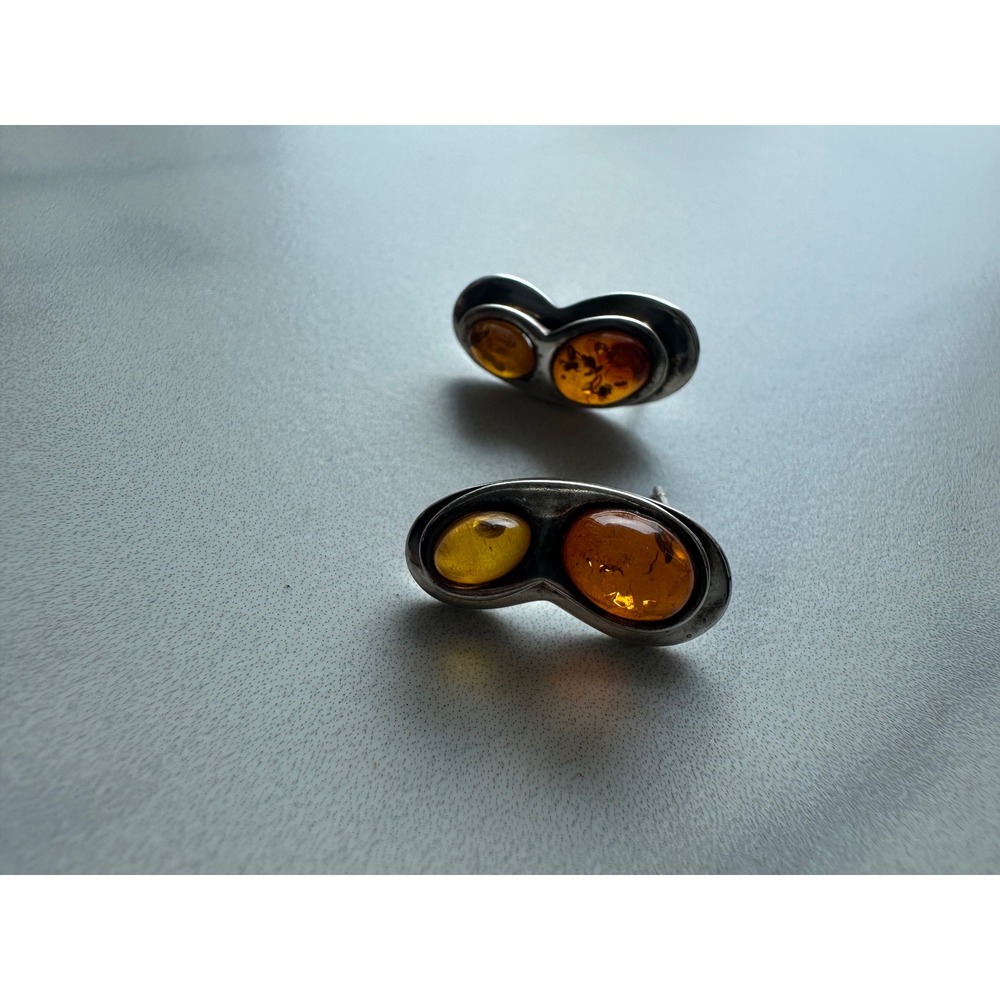 Sterling Silver 925 Baltic Amber Stud Earrings Honey Cognac Organic Peanut Shape